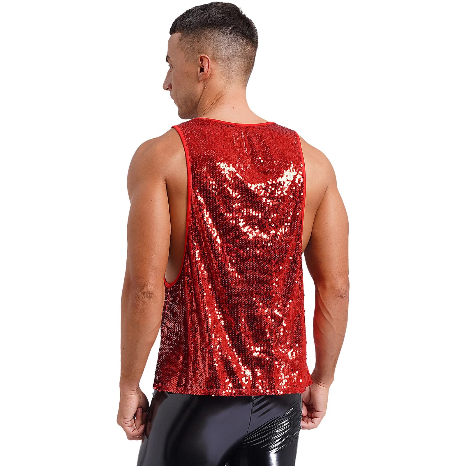 a sexy man in Red Bourbon Street Tease Deep Scoop Sequin Tank - pridevoyageshop.com - gay men's fashion, clubwear, party outfit
