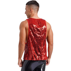 a sexy man in Red Bourbon Street Tease Deep Scoop Sequin Tank - pridevoyageshop.com - gay men's fashion, clubwear, party outfit
