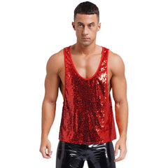 a sexy man in Red Bourbon Street Tease Deep Scoop Sequin Tank - pridevoyageshop.com - gay men's fashion, clubwear, party outfit

