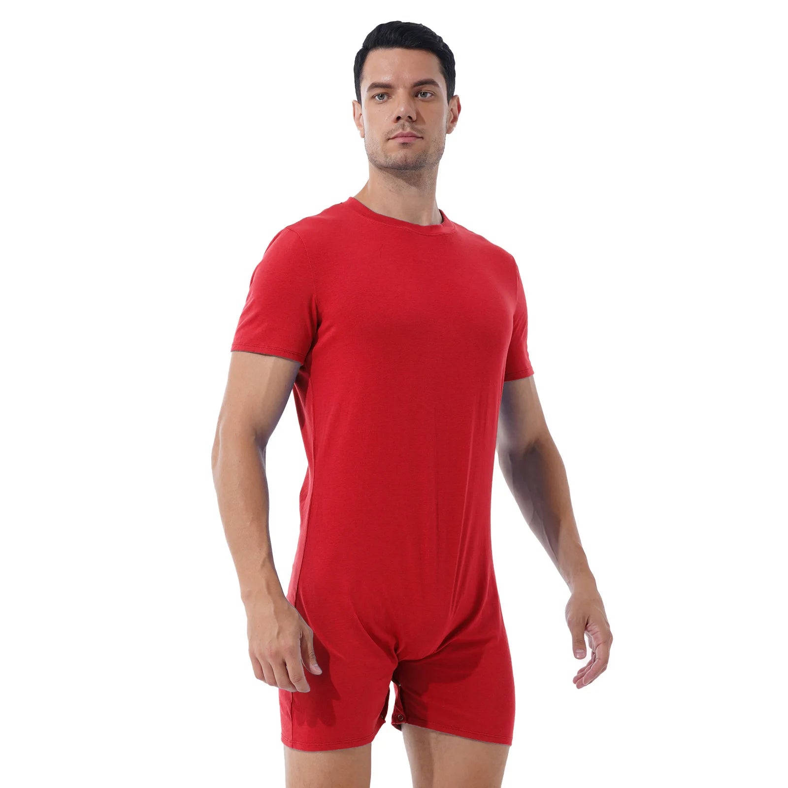 a sexy man in Red Boy Next Door Romper - pridevoyageshop.com - gay men's lingerie, bodywear, fetish wear
