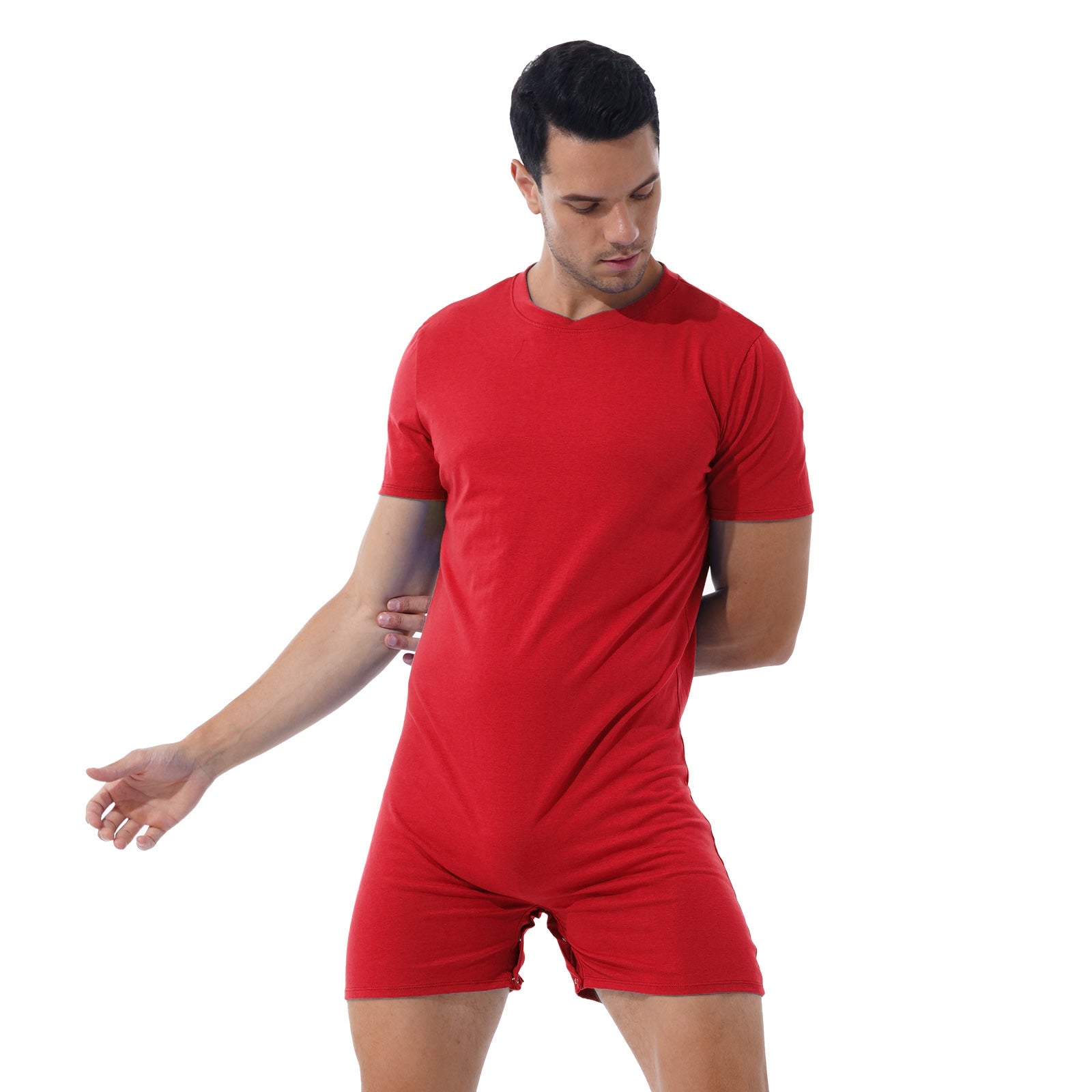 a sexy man in Red Boy Next Door Romper - pridevoyageshop.com - gay men's lingerie, bodywear, fetish wear
