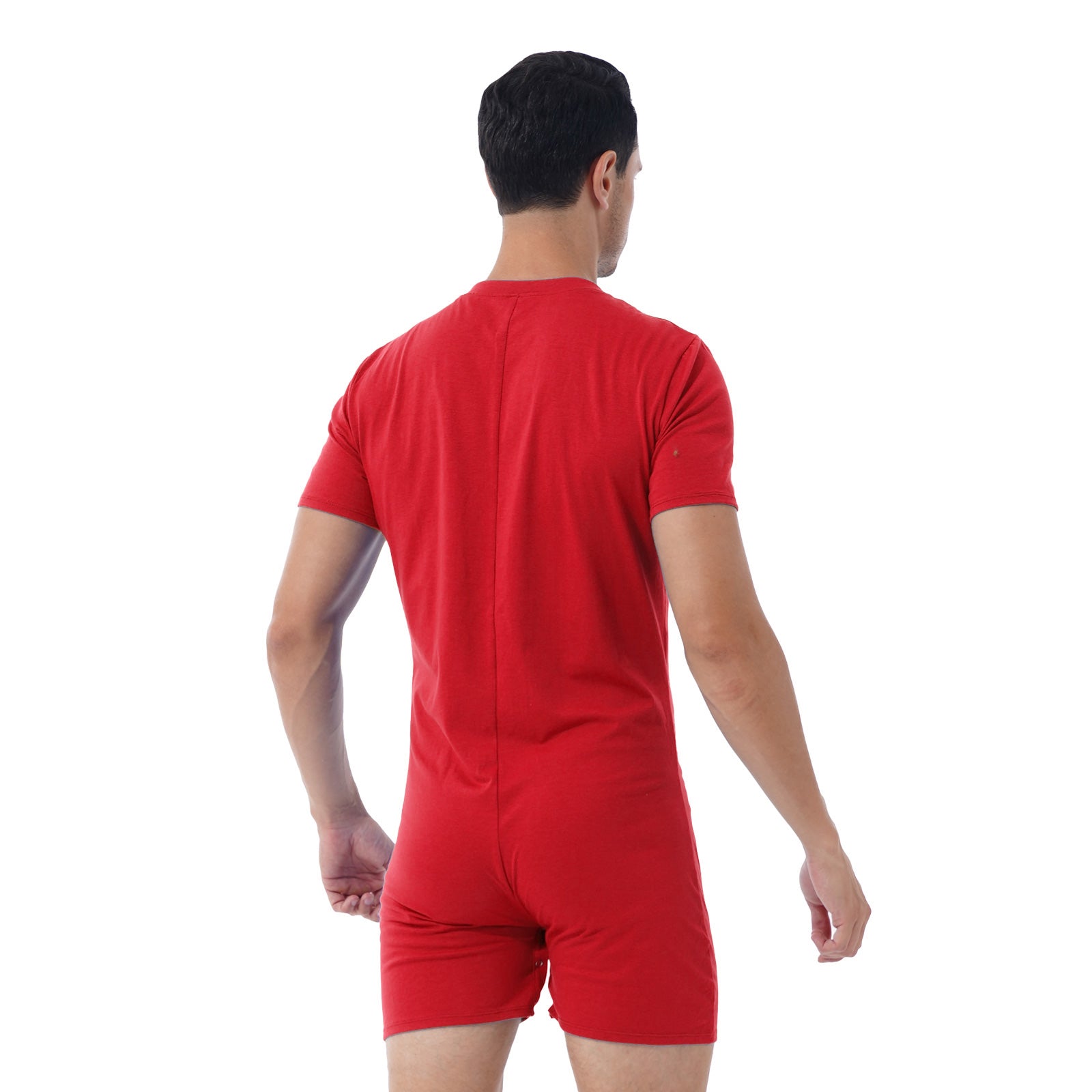 a sexy man in Red Boy Next Door Romper - pridevoyageshop.com - gay men's lingerie, bodywear, fetish wear
