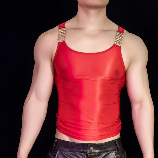 a sexy man in Red Circuit Chain Tank - pridevoyageshop.com - gay men's fashion, clubwear, party outfit
