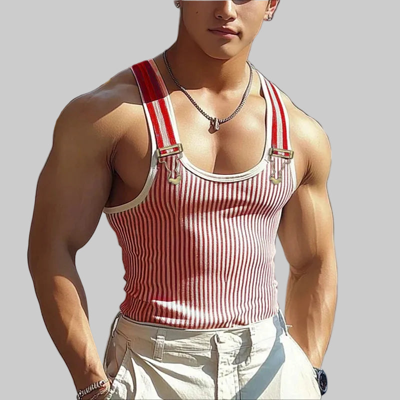 a sexy man in Red Come Through Suspender Tank - pridevoyageshop.com - gay men's fashion, clubwear, party outfit
