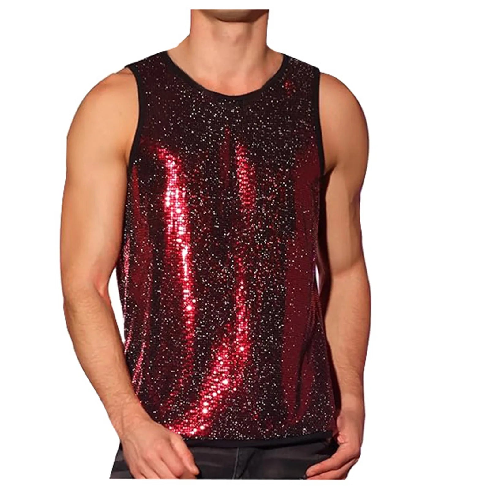 a sexy man in Red Last Call Sequin Tank - pridevoyageshop.com - gay men's fashion, clubwear, party outfit
