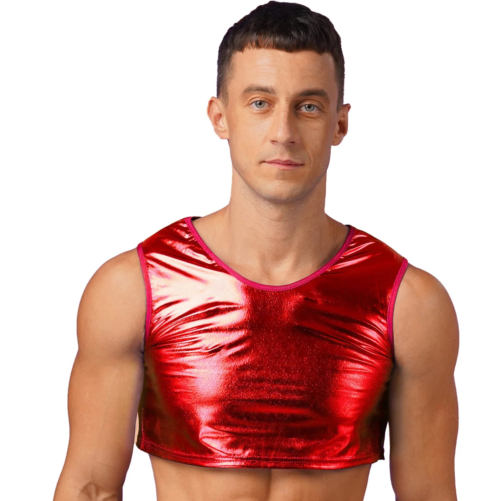 a sexy man in Red Panic Crop - pridevoyageshop.com - gay men's fashion, clubwear, party outfit
