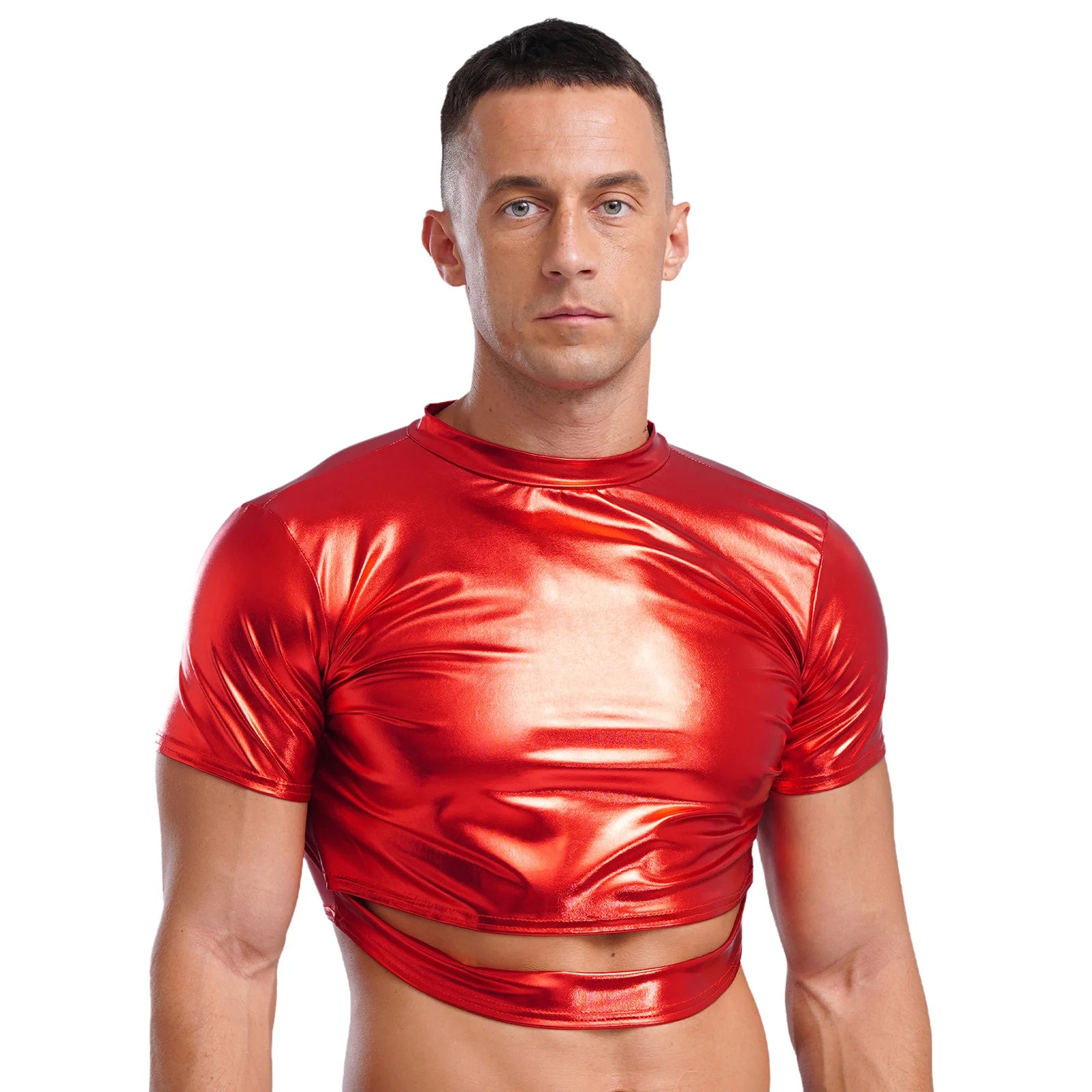 a sexy man in Red Strobe Crop Tee - pridevoyageshop.com - gay men's fashion, clubwear, party outfit
