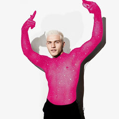 a sexy man in Rose The Center of the Universe Rhinestone Mesh Top - pridevoyageshop.com - gay men's fashion, clubwear, party outfit
