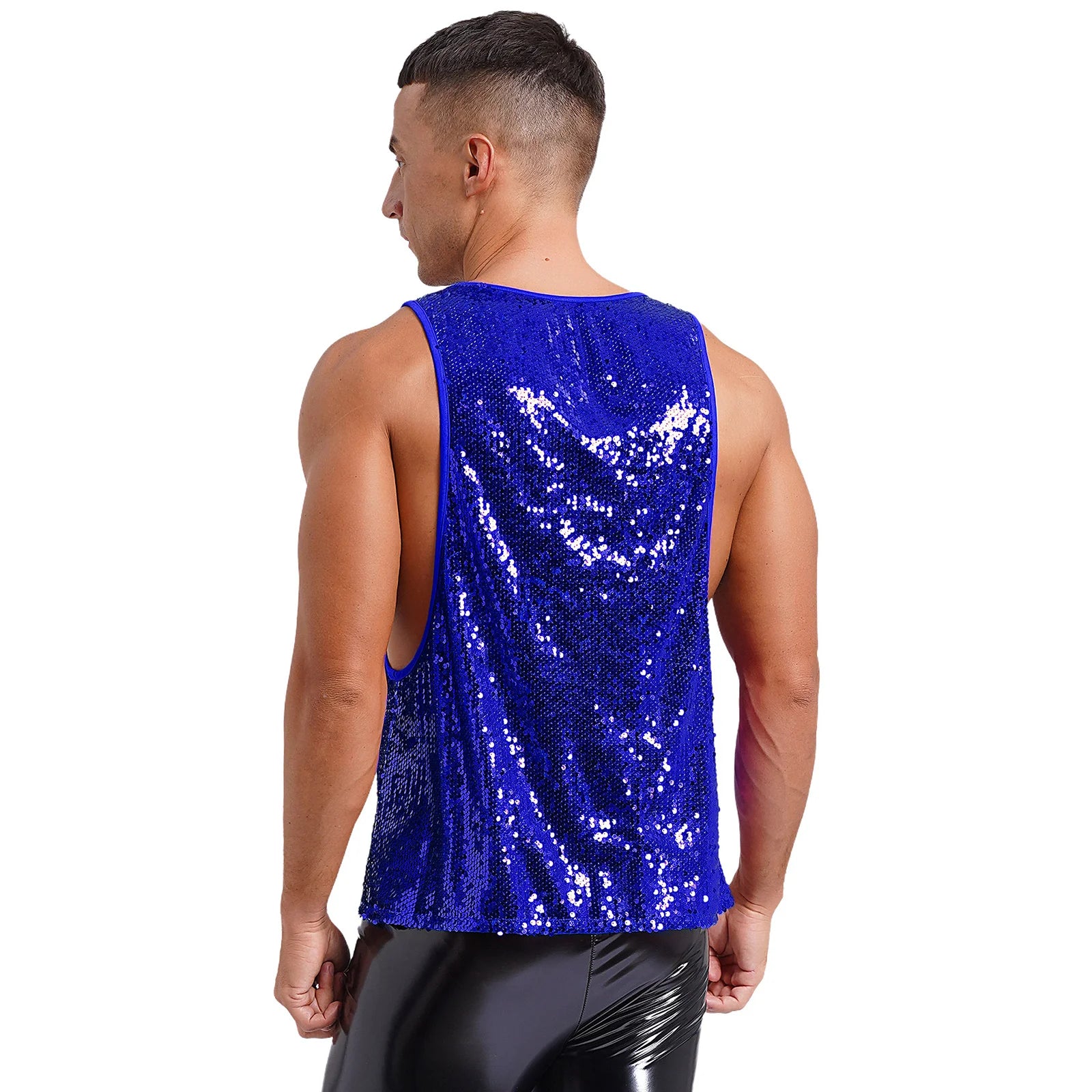 a sexy man in Royal Blue Bourbon Street Tease Deep Scoop Sequin Tank - pridevoyageshop.com - gay men's fashion, clubwear, party outfit
