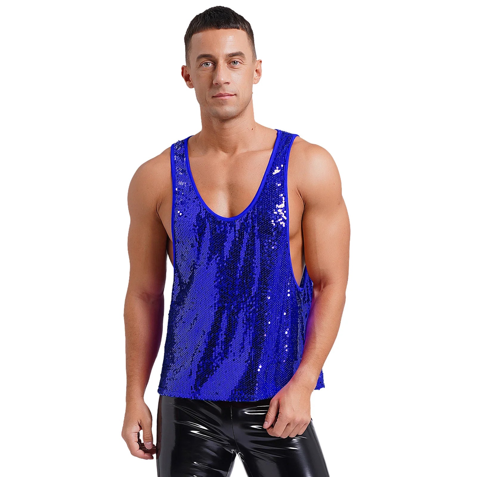 a sexy man in Royal Blue Bourbon Street Tease Deep Scoop Sequin Tank - pridevoyageshop.com - gay men's fashion, clubwear, party outfit
