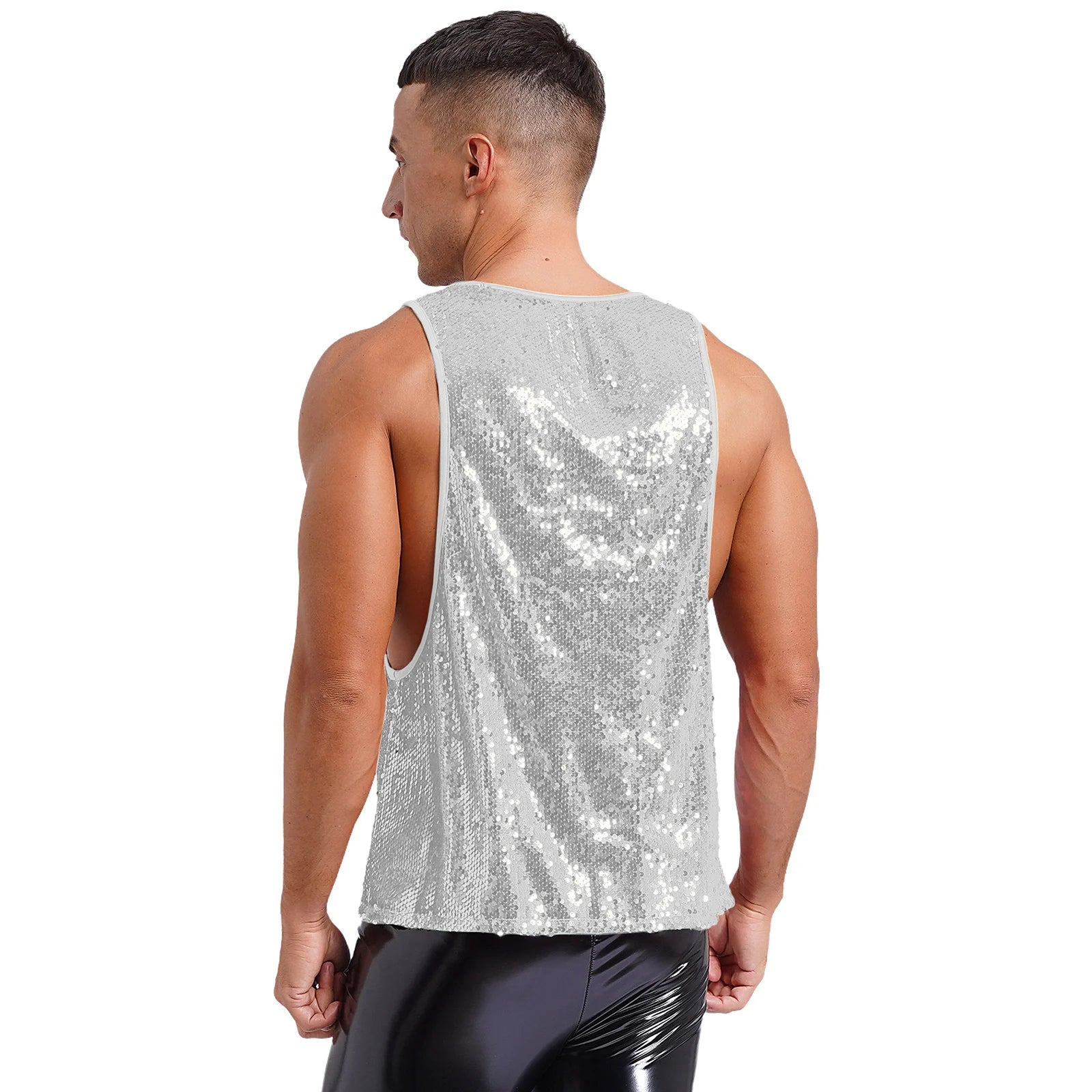 a sexy man in Silver Bourbon Street Tease Deep Scoop Sequin Tank - pridevoyageshop.com - gay men's fashion, clubwear, party outfit
