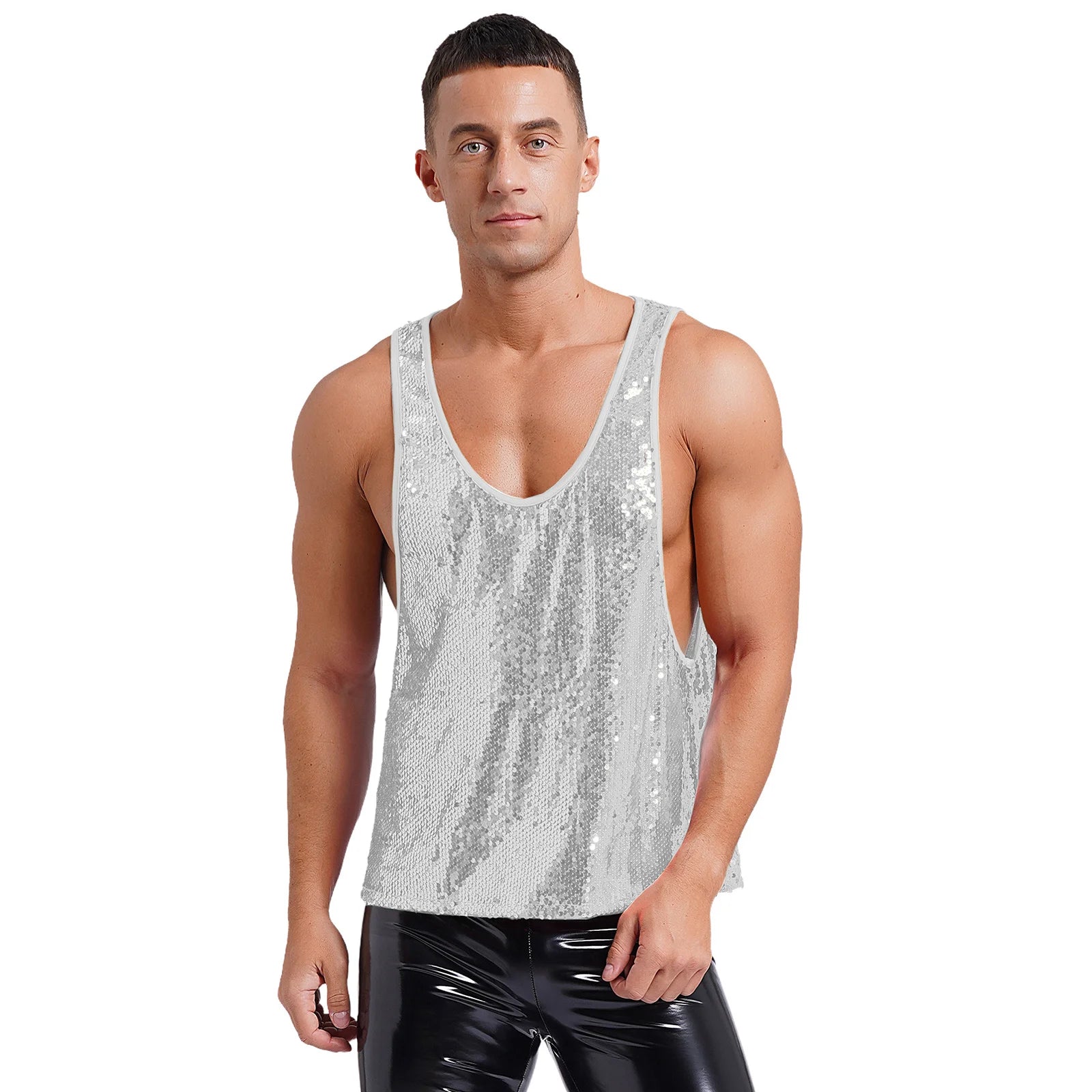 a sexy man in Silver Bourbon Street Tease Deep Scoop Sequin Tank - pridevoyageshop.com - gay men's fashion, clubwear, party outfit
