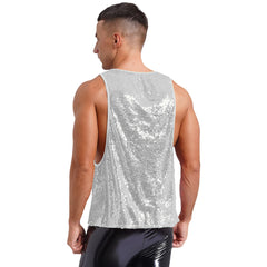 a sexy man in Silver Bourbon Street Tease Deep Scoop Sequin Tank - pridevoyageshop.com - gay men's fashion, clubwear, party outfit
