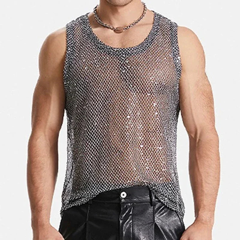 a sexy man in Silver Catch Light Sequin Mesh Tank - pridevoyageshop.com - gay men's fashion, clubwear, party outfit
