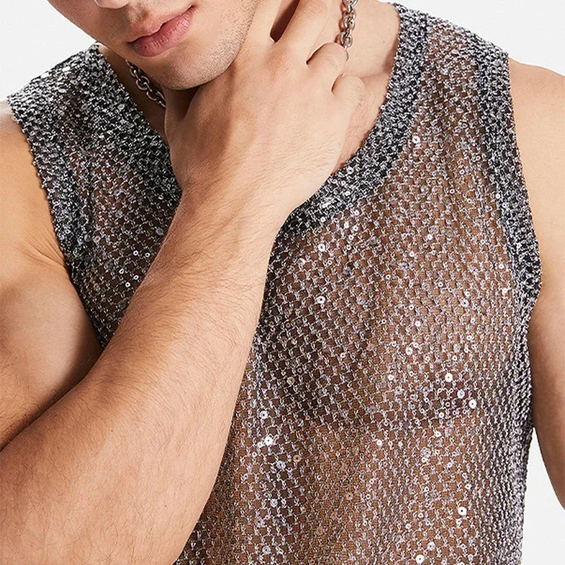 a sexy man in Silver Catch Light Sequin Mesh Tank - pridevoyageshop.com - gay men's fashion, clubwear, party outfit
