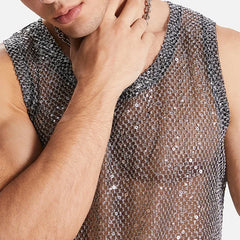 a sexy man in Silver Catch Light Sequin Mesh Tank - pridevoyageshop.com - gay men's fashion, clubwear, party outfit
