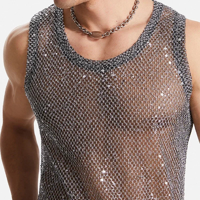 a sexy man in Silver Catch Light Sequin Mesh Tank - pridevoyageshop.com - gay men's fashion, clubwear, party outfit

