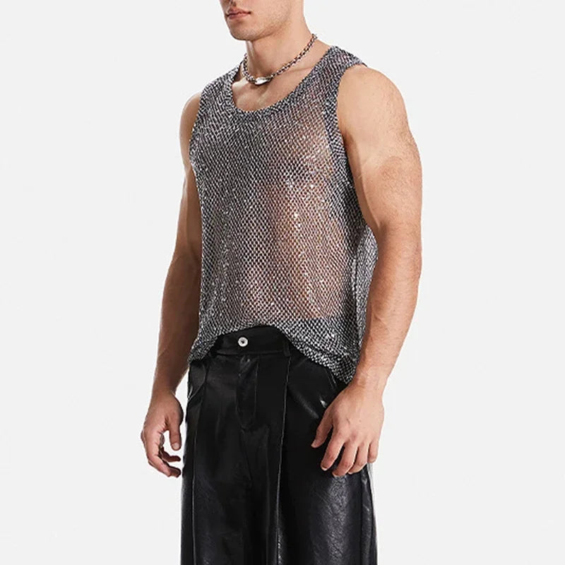 a sexy man in Silver Catch Light Sequin Mesh Tank - pridevoyageshop.com - gay men's fashion, clubwear, party outfit
