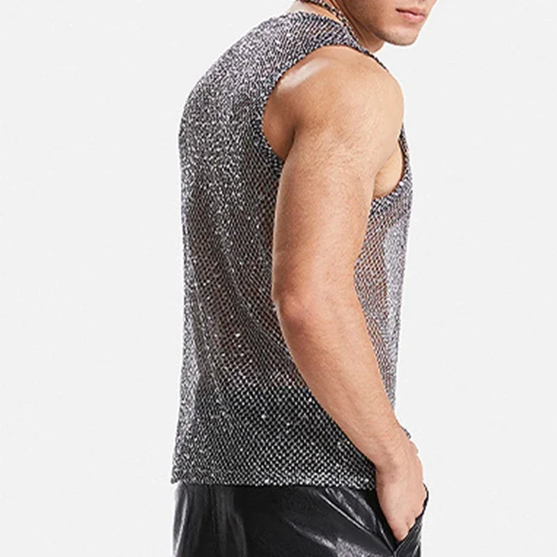 a sexy man in Silver Catch Light Sequin Mesh Tank - pridevoyageshop.com - gay men's fashion, clubwear, party outfit
