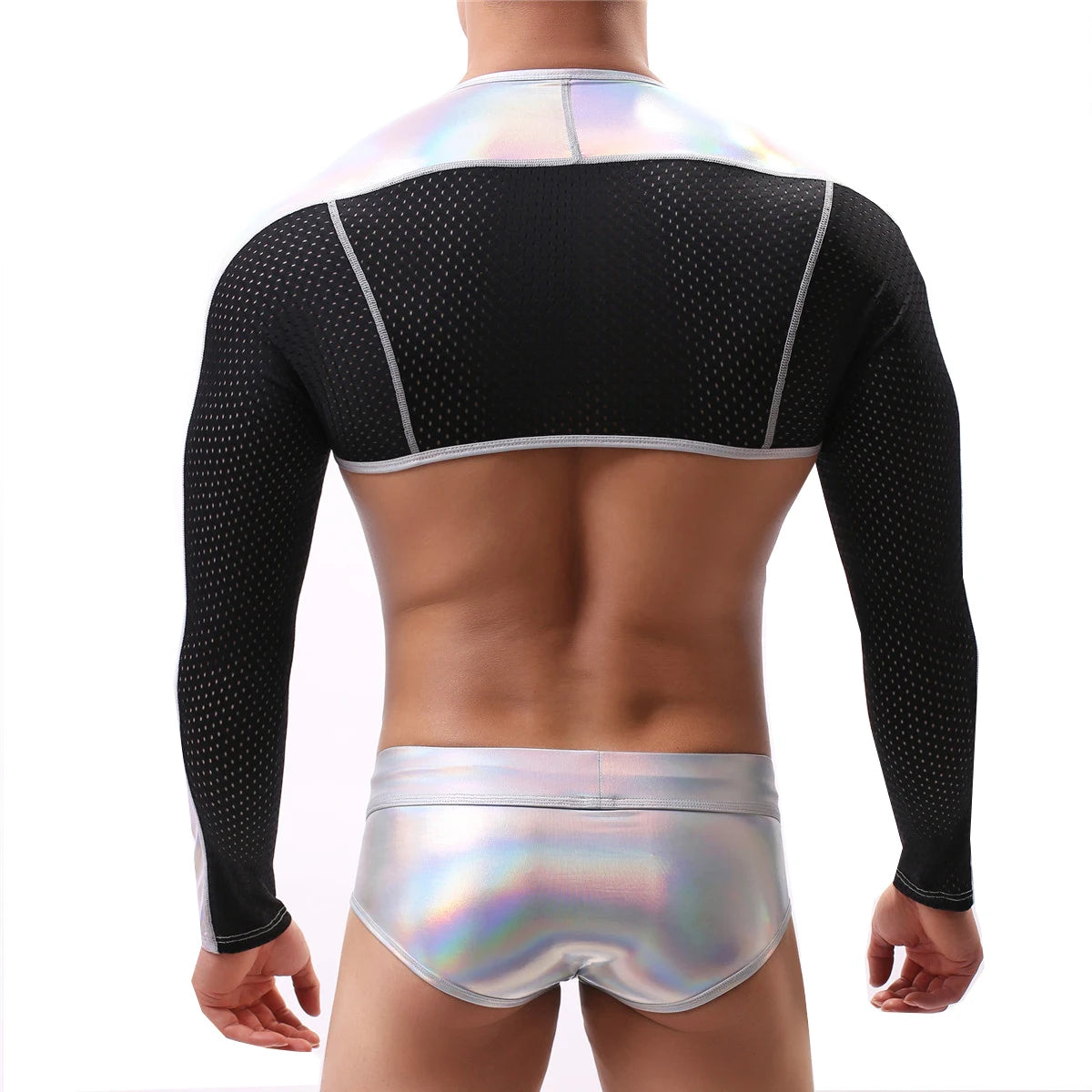 a sexy man in Silver Cellblock Code Flash Bolero - pridevoyageshop.com - gay men's fetish accessories, kinky play gear
