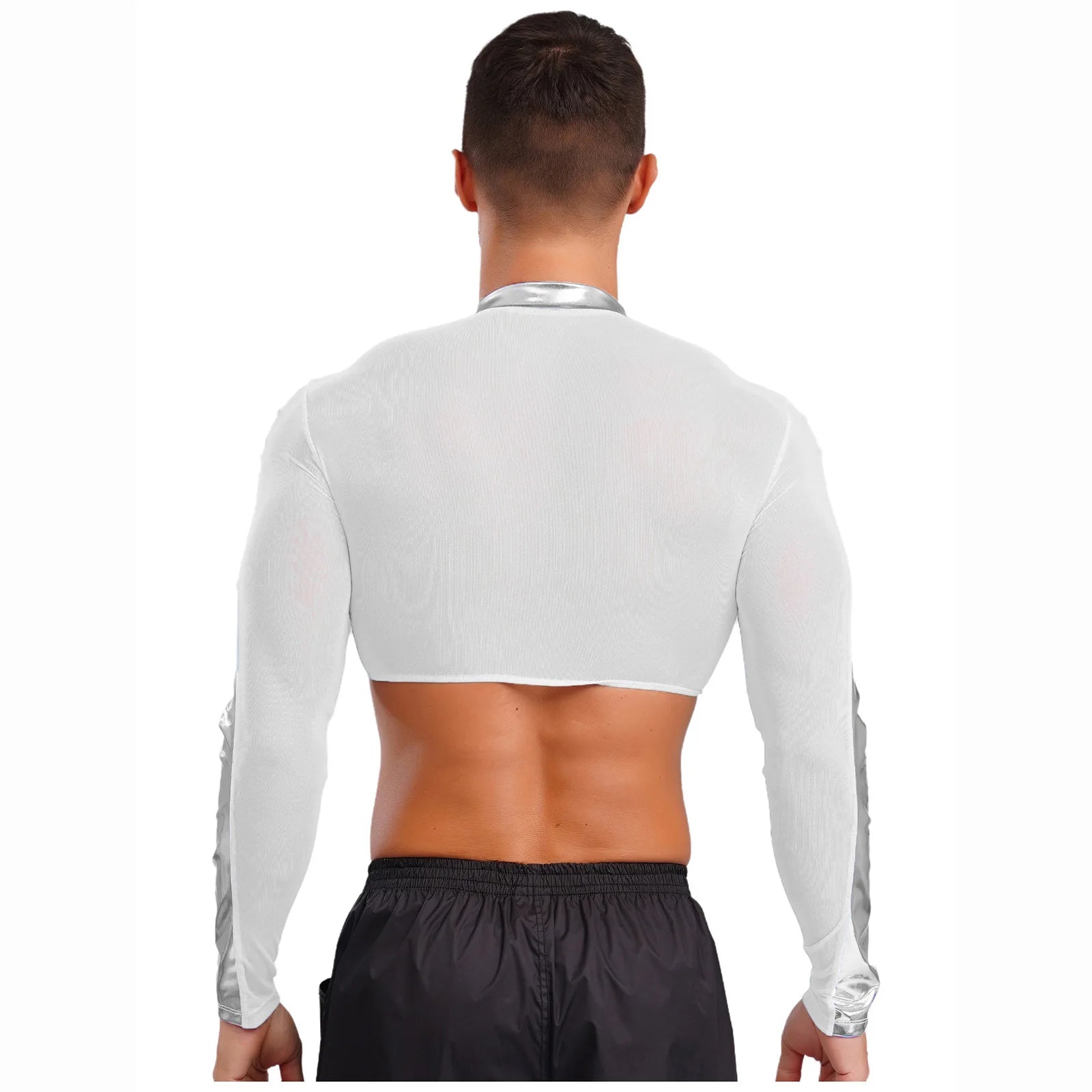 a sexy man in Silver Hyperstrike Crop Jacket - pridevoyageshop.com - gay men's fashion, clubwear, party outfit
