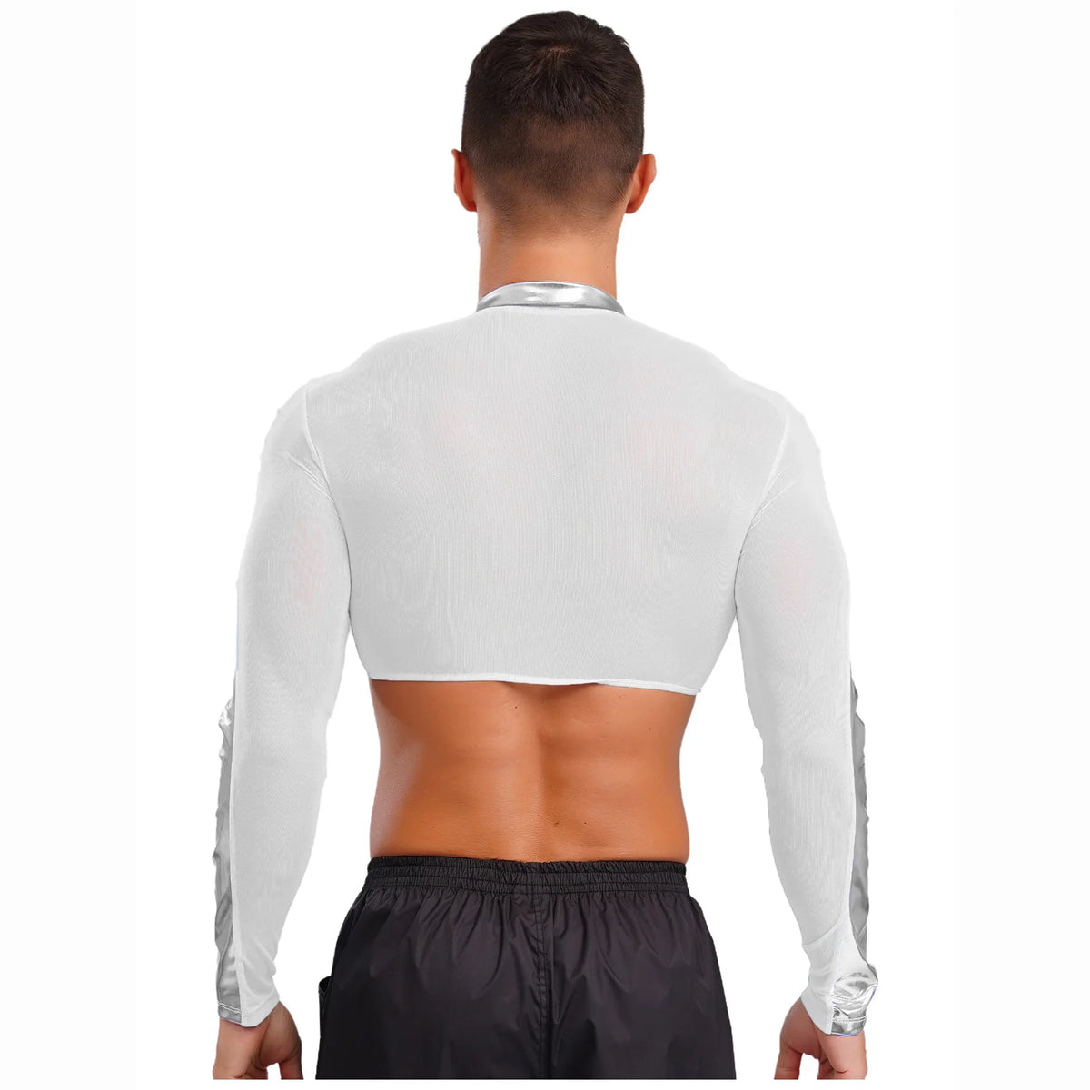a sexy man in Silver Hyperstrike Crop Jacket - pridevoyageshop.com - gay men's fashion, clubwear, party outfit
