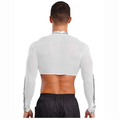 a sexy man in Silver Hyperstrike Crop Jacket - pridevoyageshop.com - gay men's fashion, clubwear, party outfit

