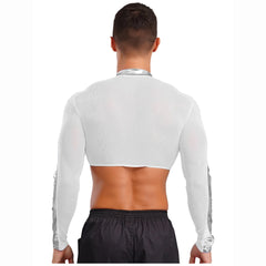 a sexy man in Silver Hyperstrike Crop Jacket - pridevoyageshop.com - gay men's fashion, clubwear, party outfit
