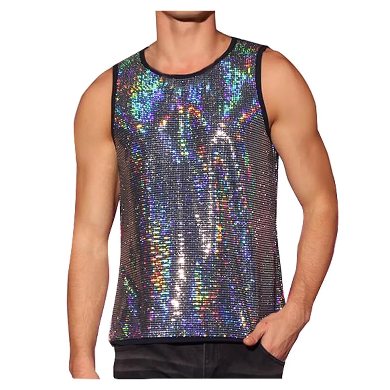 a sexy man in Silver Last Call Sequin Tank - pridevoyageshop.com - gay men's fashion, clubwear, party outfit
