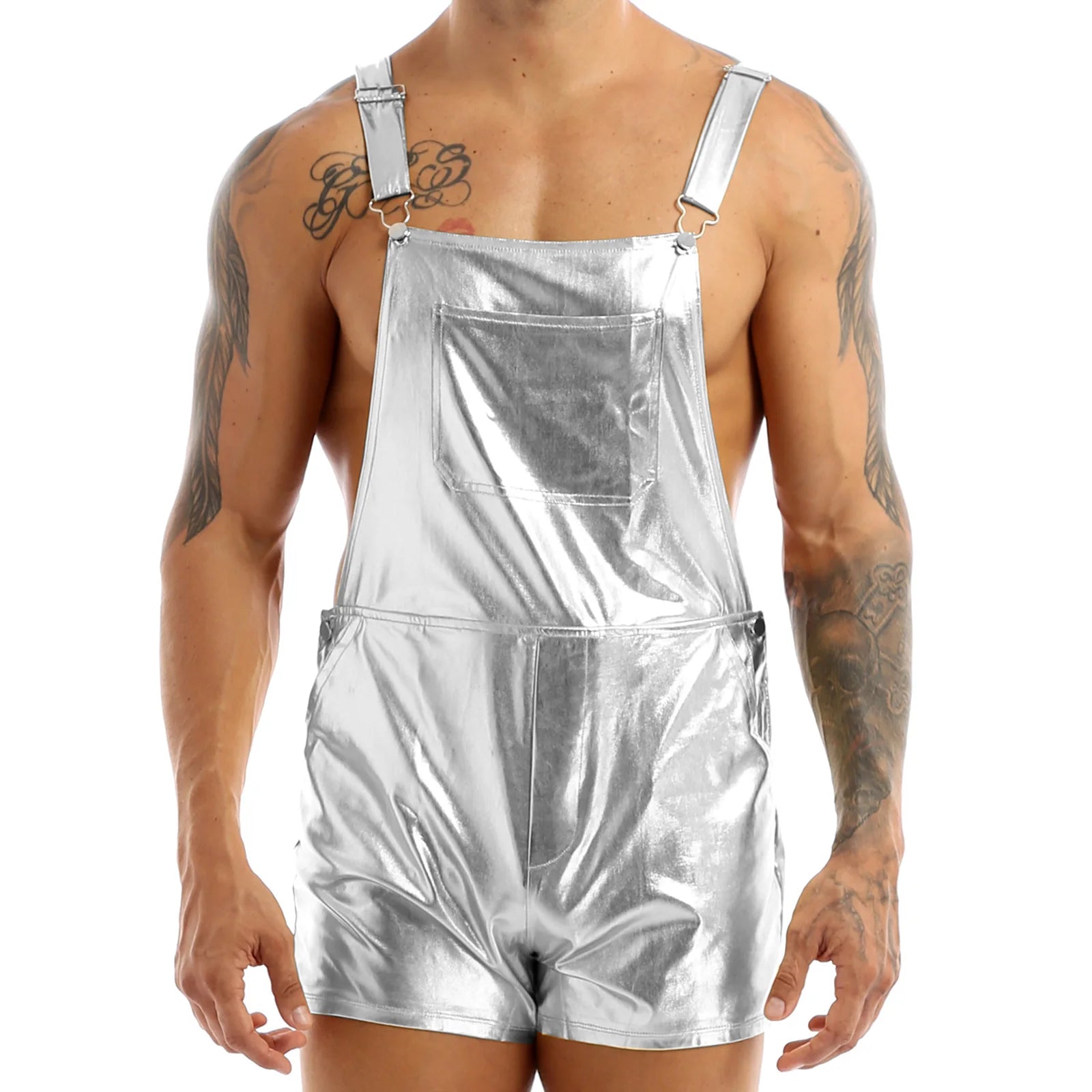 a sexy man in Silver P-Town Party Shortalls - pridevoyageshop.com - gay men's fashion, clubwear, party outfit
