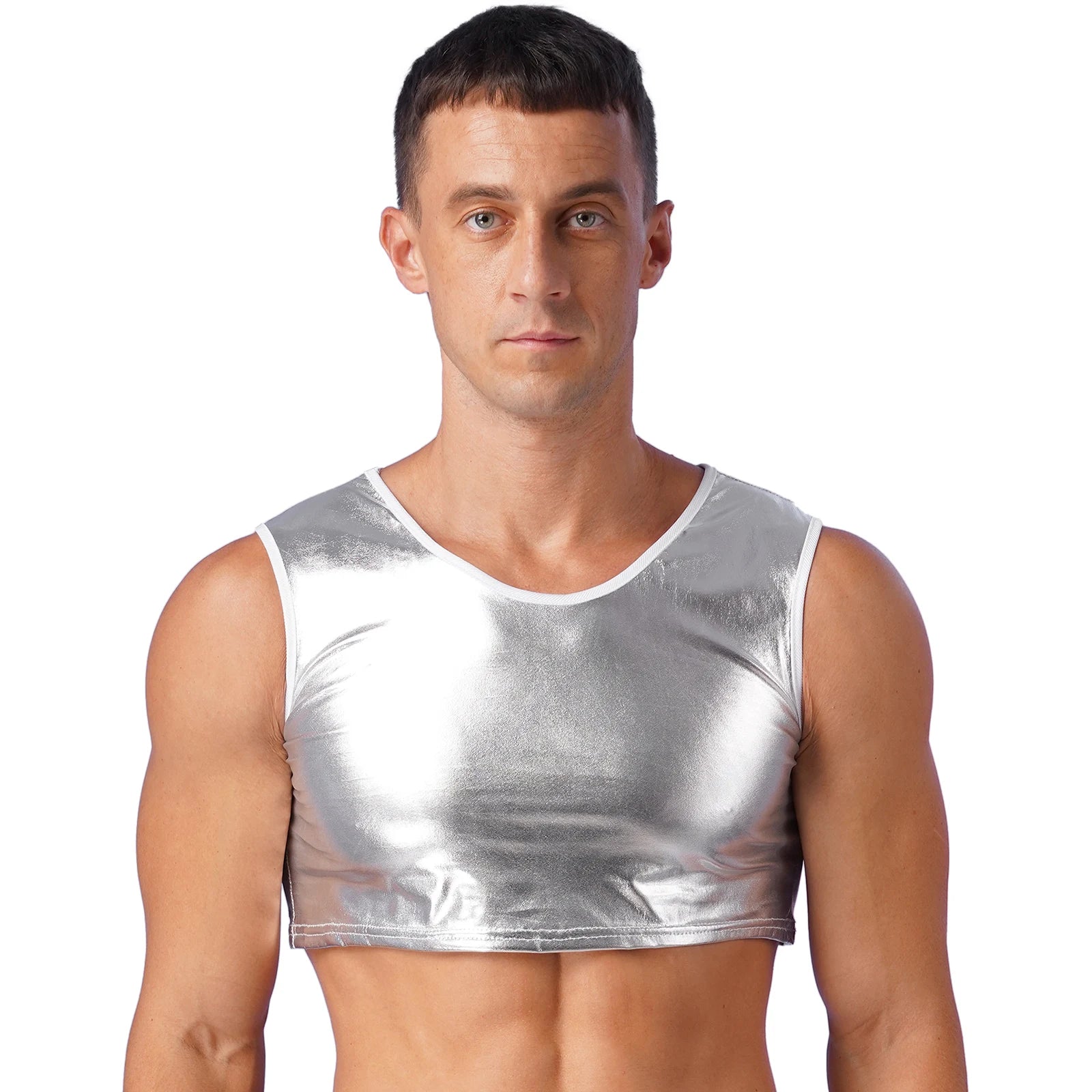 a sexy man in Silver Panic Crop - pridevoyageshop.com - gay men's fashion, clubwear, party outfit
