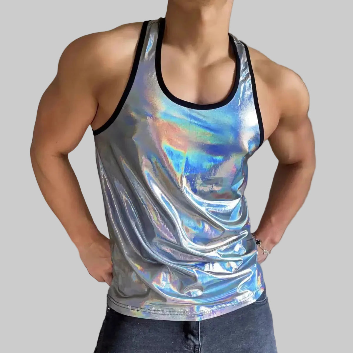 a sexy man in Silver White Party Metallic Club Tank - pridevoyageshop.com - gay men's fashion, clubwear, party outfit
