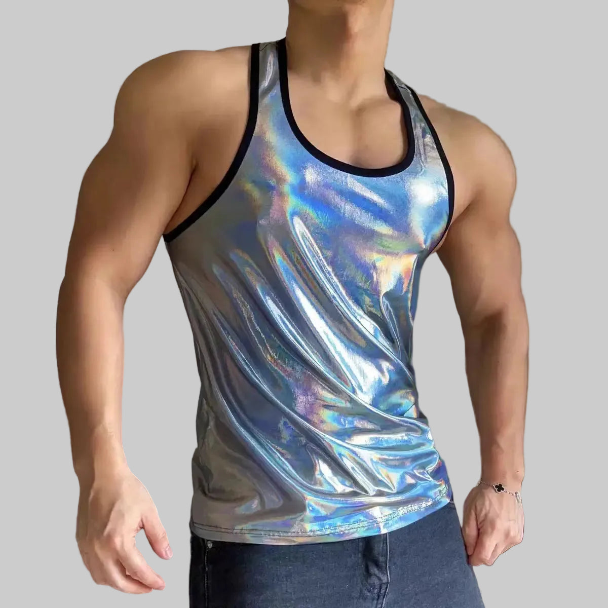 a sexy man in Silver White Party Metallic Club Tank - pridevoyageshop.com - gay men's fashion, clubwear, party outfit
