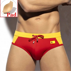 a sexy man in Spain flag Men’s World Play National Flags Swim Briefs with pad - pridevoyageshop.com - gay men’s sexy swim briefs, trunks, board shorts, and bikinis