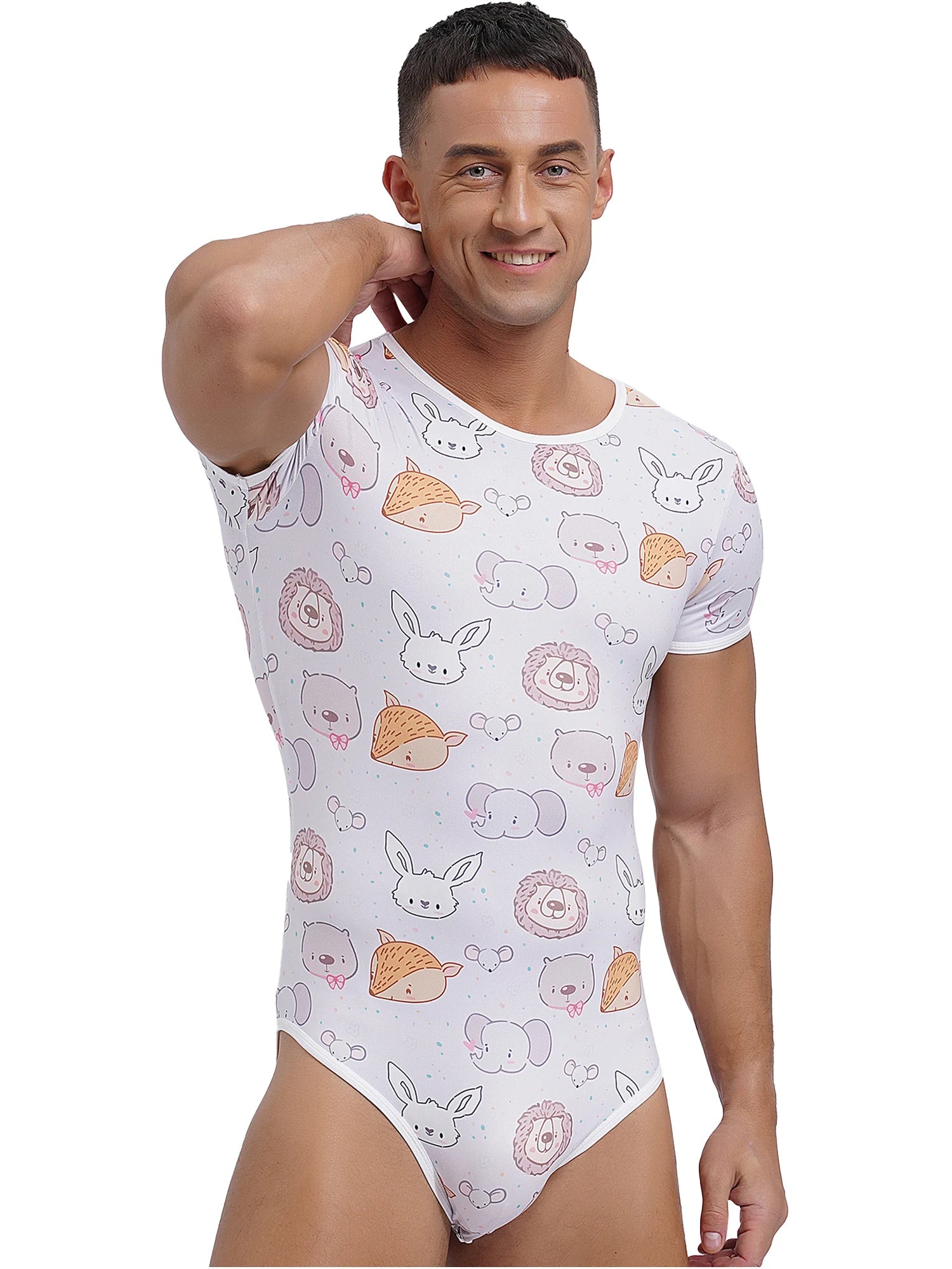 a sexy man in Sweet & Cheeky Daddy’s Boy Printed Onesie, pink playful print, tight stretch fit, flirty sweet boy aesthetic – pridevoyageshop.com – gay men’s harness, lingerie and fetish wear