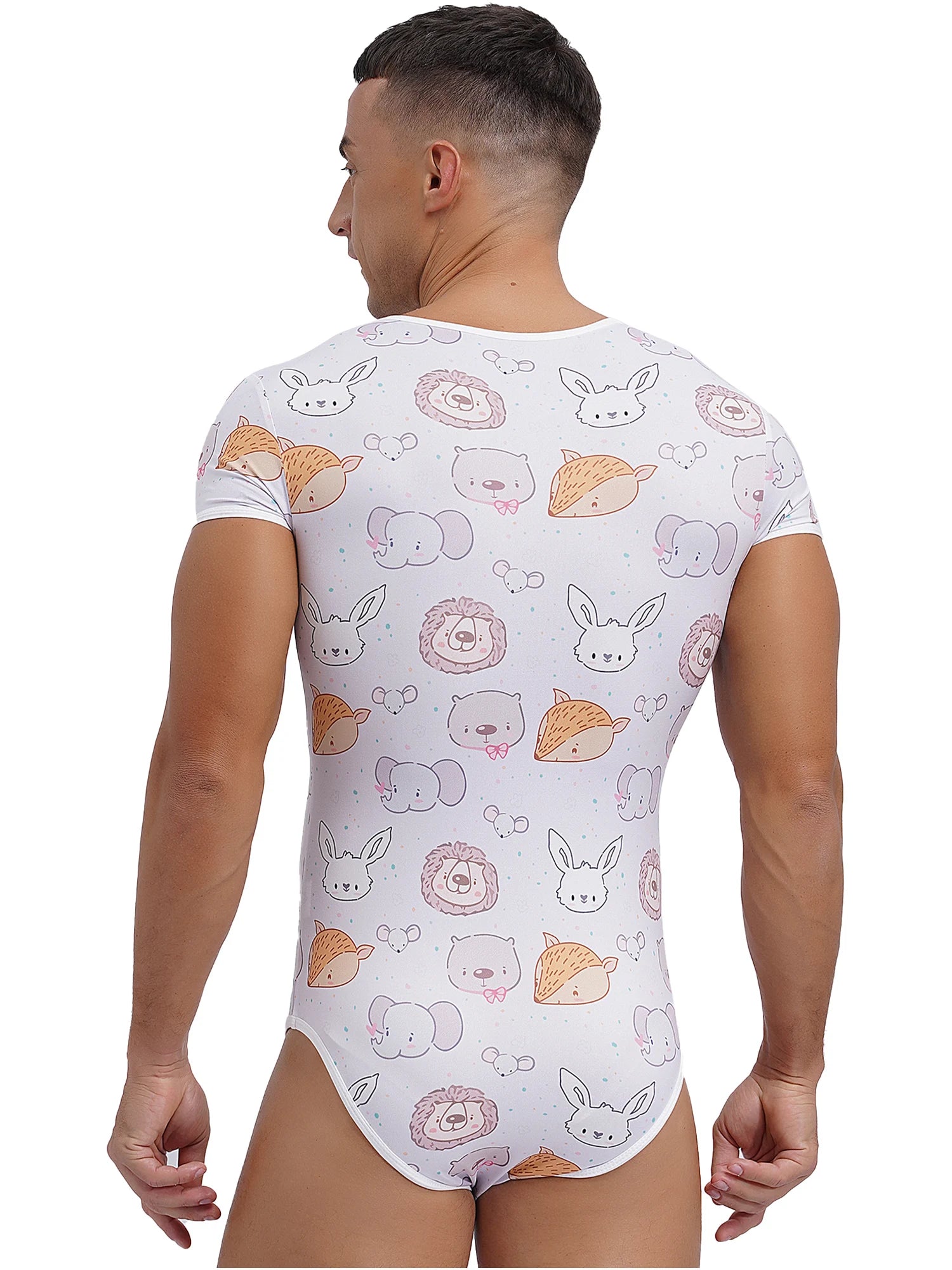 a sexy man in Sweet & Cheeky Daddy’s Boy Printed Onesie, pink playful print, tight stretch fit, flirty sweet boy aesthetic – pridevoyageshop.com – gay men’s harness, lingerie and fetish wear