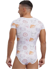 a sexy man in Sweet & Cheeky Daddy’s Boy Printed Onesie, pink playful print, tight stretch fit, flirty sweet boy aesthetic – pridevoyageshop.com – gay men’s harness, lingerie and fetish wear