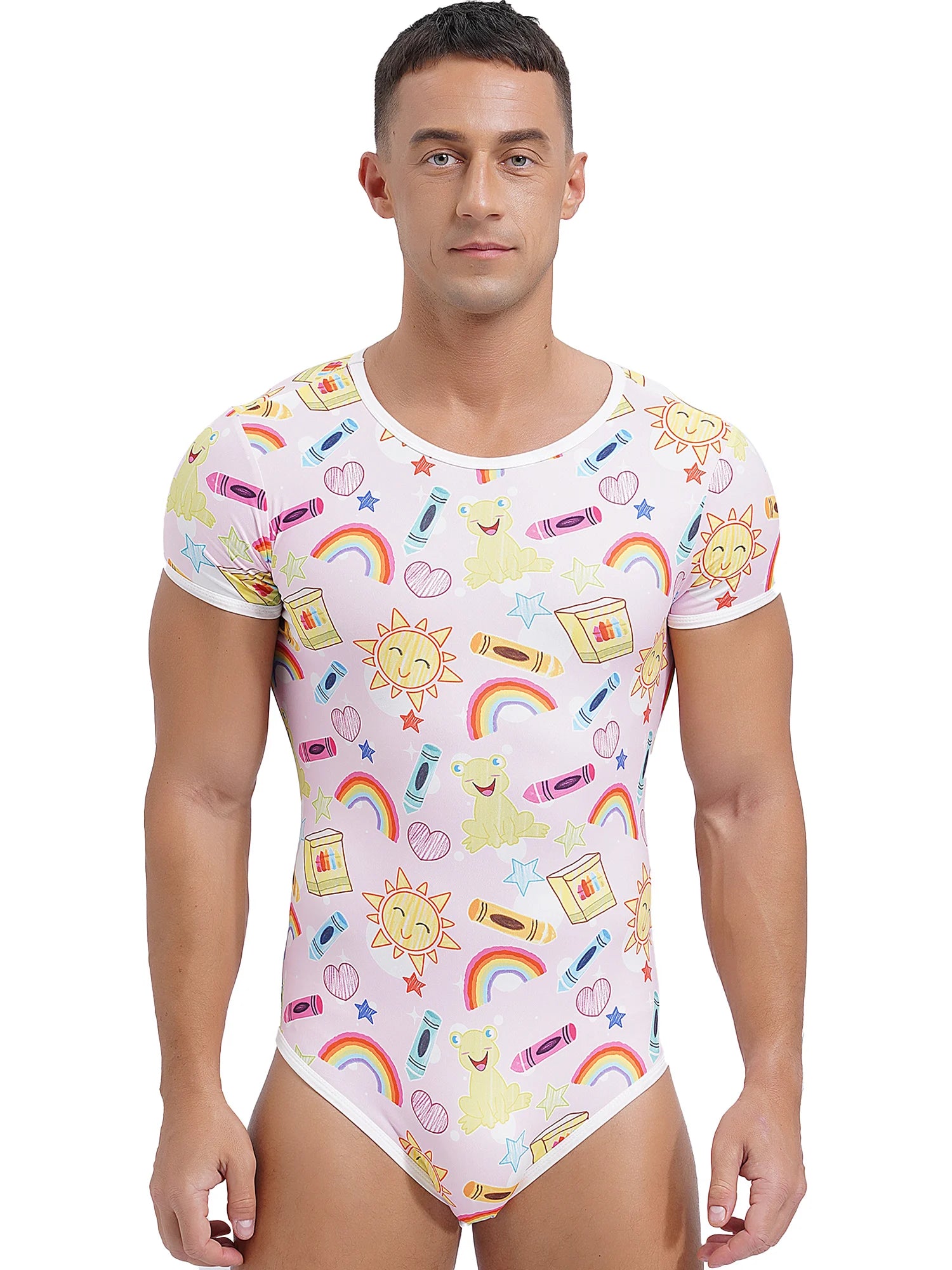 a sexy man in Twink Bliss Daddy’s Boy Printed Onesie, pastel tone printed onesie, cheeky twink playful look, snug body fit – pridevoyageshop.com – gay men’s harness, lingerie and fetish wear