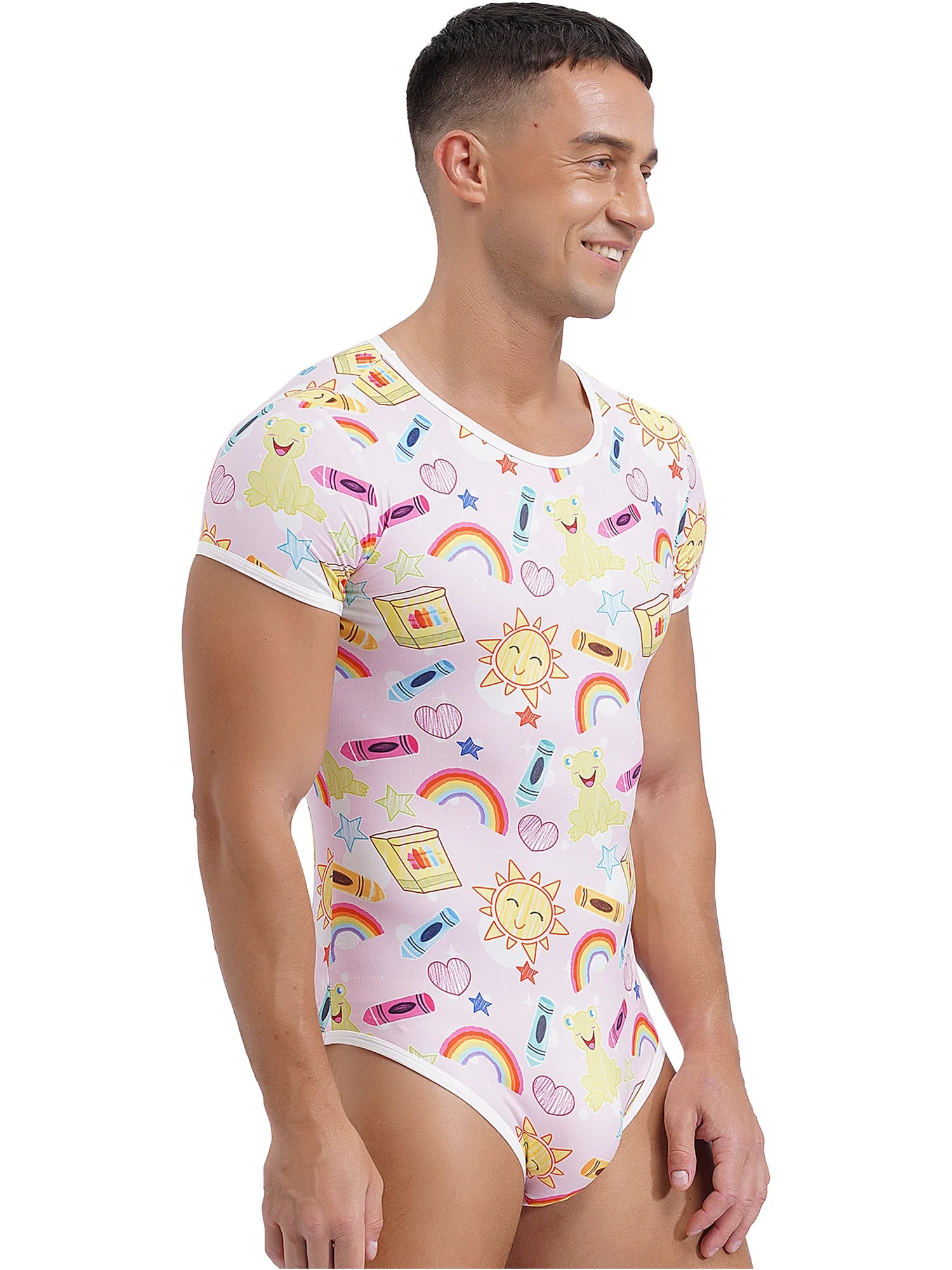 a sexy man in Twink Bliss Daddy’s Boy Printed Onesie, pastel tone printed onesie, cheeky twink playful look, snug body fit – pridevoyageshop.com – gay men’s harness, lingerie and fetish wear