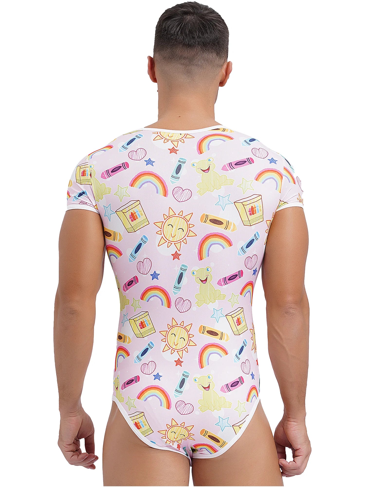 a sexy man in Twink Bliss Daddy’s Boy Printed Onesie, pastel tone printed onesie, cheeky twink playful look, snug body fit – pridevoyageshop.com – gay men’s harness, lingerie and fetish wear