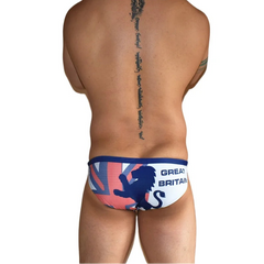 a sexy man in UK flag Men’s Flag Frenzy Swim Briefs - pridevoyageshop.com - gay men’s sexy swim briefs, trunks, board shorts, and bikinis