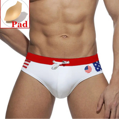 a sexy man in USA flag Men’s World Play National Flags Swim Briefs with pad - pridevoyageshop.com - gay men’s sexy swim briefs, trunks, board shorts, and bikinis