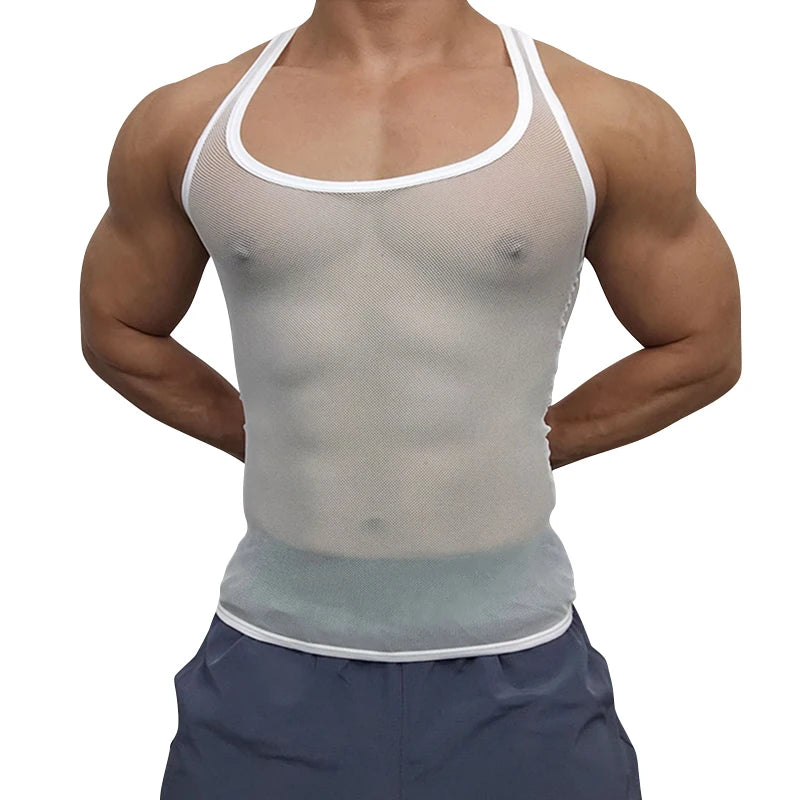 a sexy man in White Boys’ Night Party Mesh Tank - pridevoyageshop.com - gay men's fashion, clubwear, party outfit
