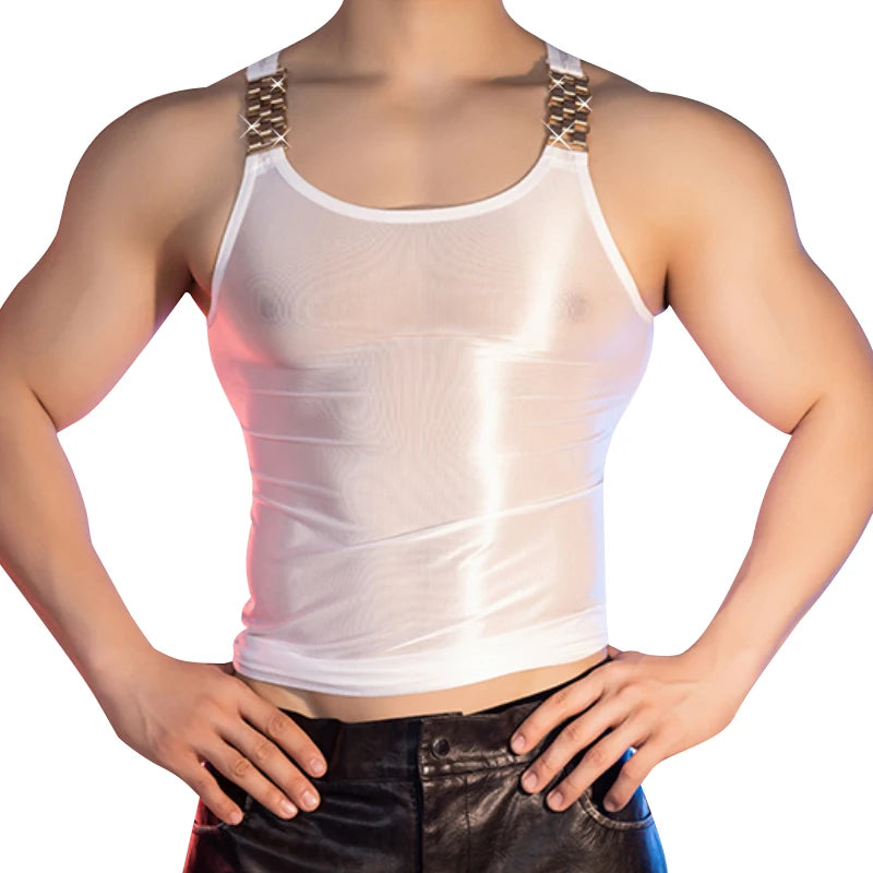 a sexy man in White Circuit Chain Tank - pridevoyageshop.com - gay men's fashion, clubwear, party outfit
