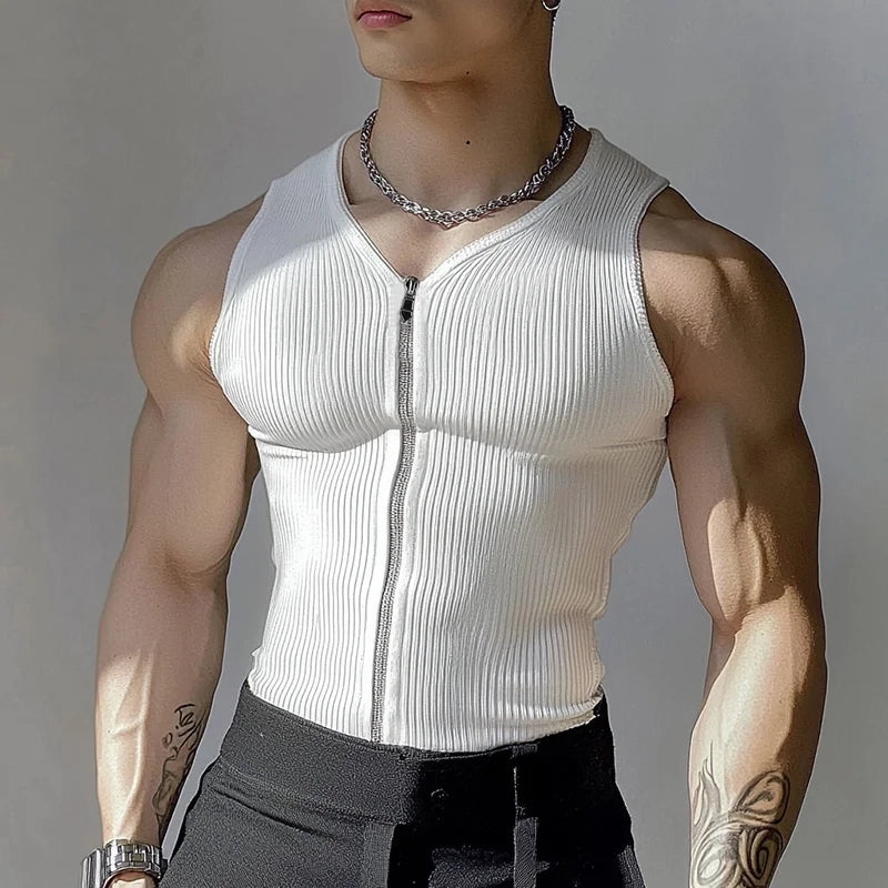 a sexy man in White Door Unlocked Ribbed Zip Tank - pridevoyageshop.com - gay men's fashion, clubwear, party outfit
