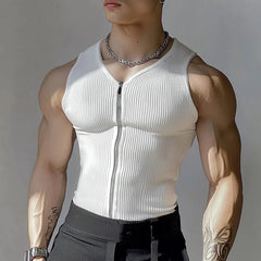 a sexy man in White Door Unlocked Ribbed Zip Tank - pridevoyageshop.com - gay men's fashion, clubwear, party outfit
