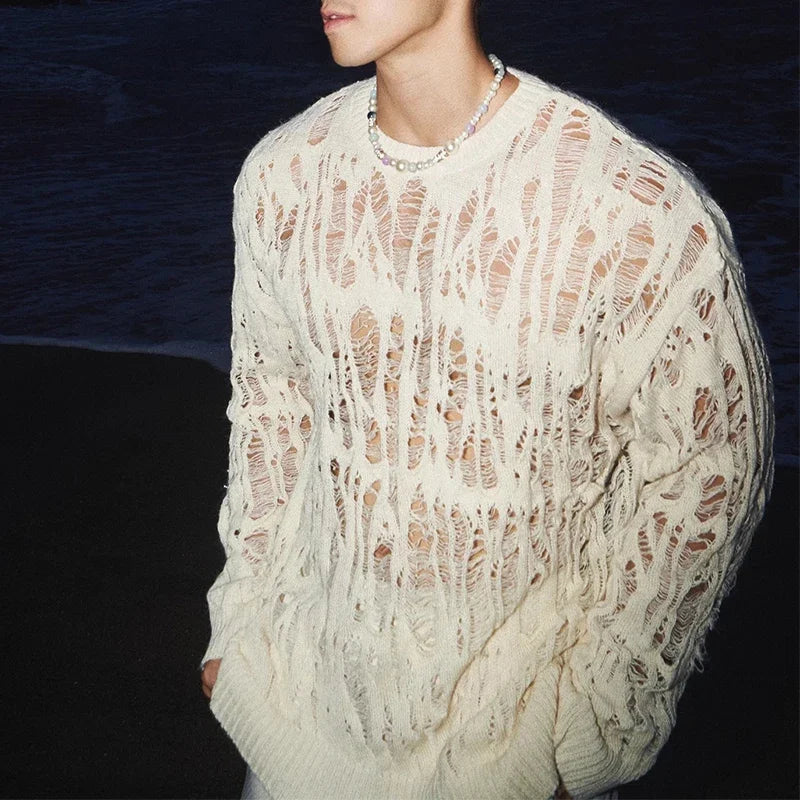 a sexy man in White Fire Island Breeze Shred Sweater - pridevoyageshop.com - gay men's fashion, clubwear, party outfit

