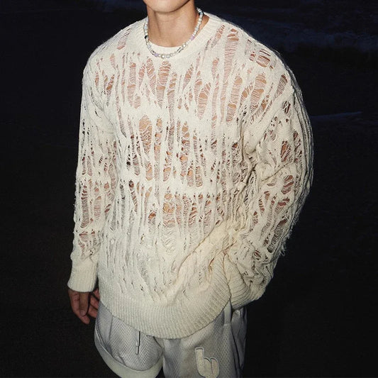 a sexy man in White Fire Island Breeze Shred Sweater - pridevoyageshop.com - gay men's fashion, clubwear, party outfit
