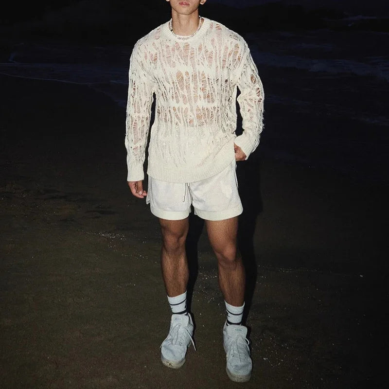 a sexy man in White Fire Island Breeze Shred Sweater - pridevoyageshop.com - gay men's fashion, clubwear, party outfit
