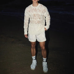 a sexy man in White Fire Island Breeze Shred Sweater - pridevoyageshop.com - gay men's fashion, clubwear, party outfit

